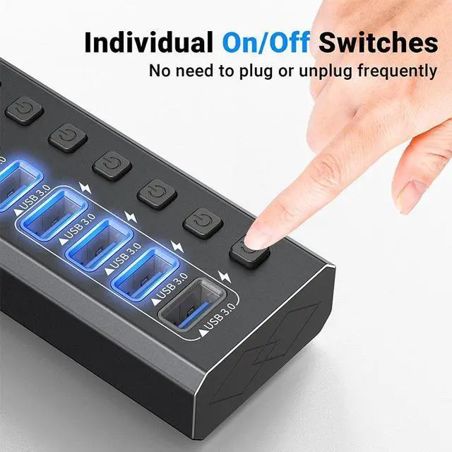 Alt view image 4 of 7 - Powered USB Hub, 7-Port USB 3.0 Hub with 4 Smart Charging, Individual Switches and 12V Power Adapter, Aluminum USB Port Expander for Laptop/PC, KZW-7USBA