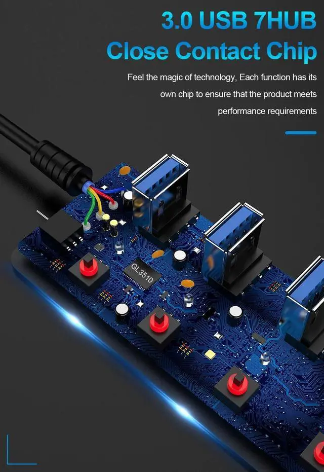 Alt view image 6 of 7 - Powered USB Hub, 7-Port USB 3.0 Hub with 4 Smart Charging, Individual Switches and 12V Power Adapter, Aluminum USB Port Expander for Laptop/PC, KZW-7USBA