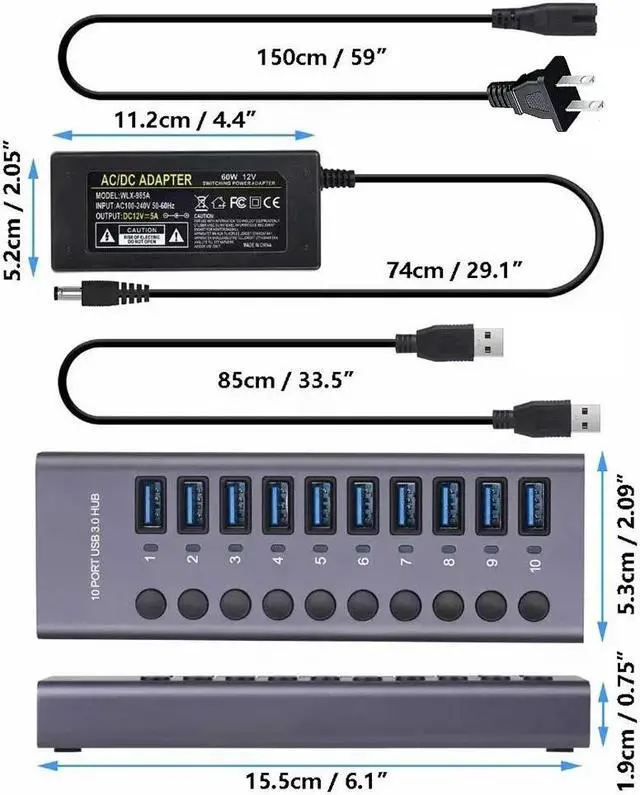 Alt view image 7 of 7 - Powered USB 3.0 Hub,  10 Ports USB Data Hub Splitter Aluminum with Individual ON/Off Switches and 12V/5A Power Adapter USB Extension for Mouse, Keyboard, Hard Drive or More USB Devices