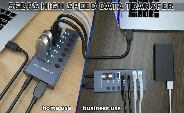 Alt view image 5 of 7 - Powered USB 3.0 Hub,  7 Ports USB Data Hub Splitter Aluminum with Individual ON/Off Switches and 12V/3A Power Adapter USB Extension for Mouse, Keyboard, Hard Drive or More USB Devices