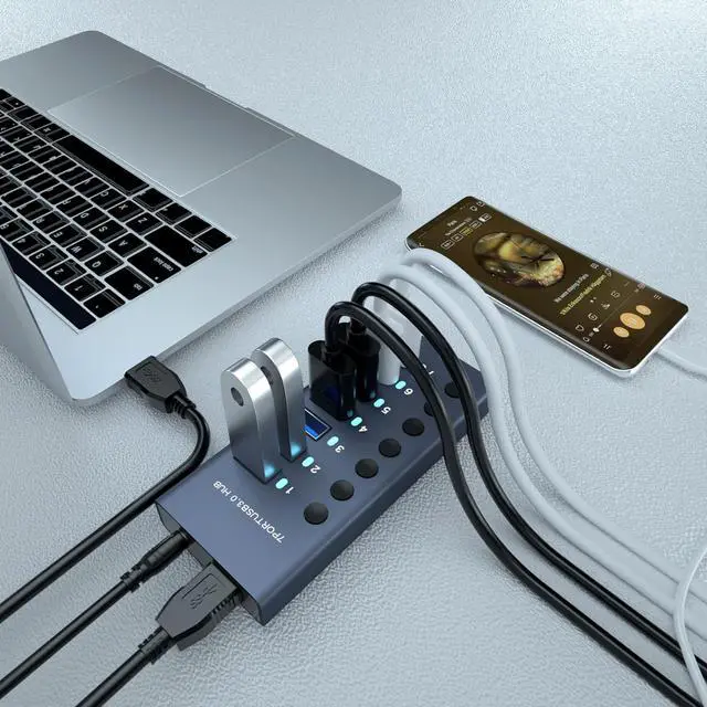 Alt view image 2 of 7 - Powered USB 3.0 Hub,  7 Ports USB Data Hub Splitter Aluminum with Individual ON/Off Switches and 12V/3A Power Adapter USB Extension for Mouse, Keyboard, Hard Drive or More USB Devices