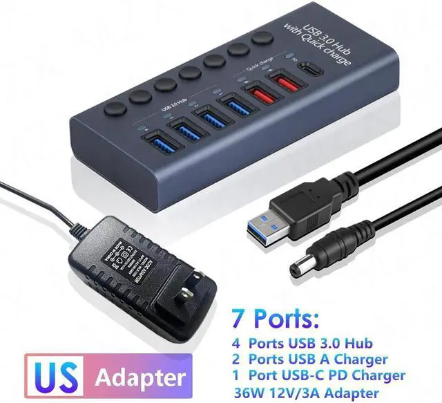 Main image of Powered USB Hub 3.0 Aluminum, 7-Port USB Splitter Hub with Smart Charging Ports, Individual On/Off Switches and 12V/3A Power Adapter USB Extension for MacBook, Mac Pro/Mini and More