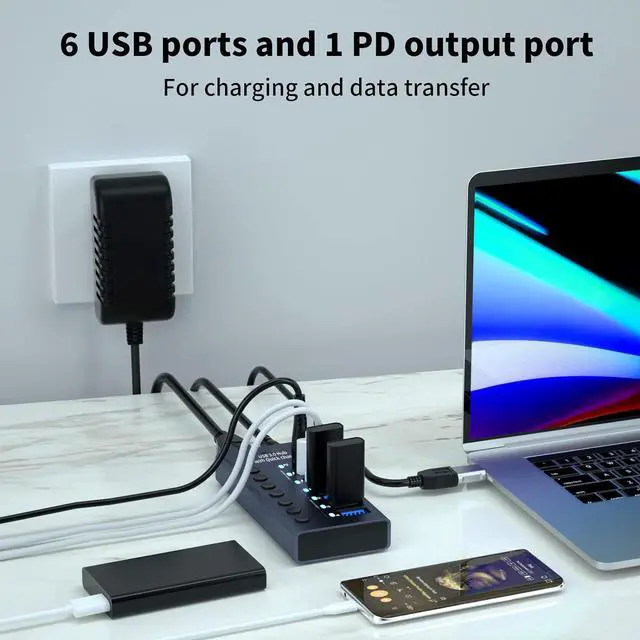 Alt view image 6 of 7 - Powered USB Hub 3.0 Aluminum, 7-Port USB Splitter Hub with Smart Charging Ports, Individual On/Off Switches and 12V/3A Power Adapter USB Extension for MacBook, Mac Pro/Mini and More