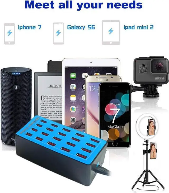 Alt view image 7 of 7 - 20 Ports USB Charger, 100W 20A Desktop USB Charging Station with iSmart Multiple Port, Compatible Smartphones,Tables,and More Devices