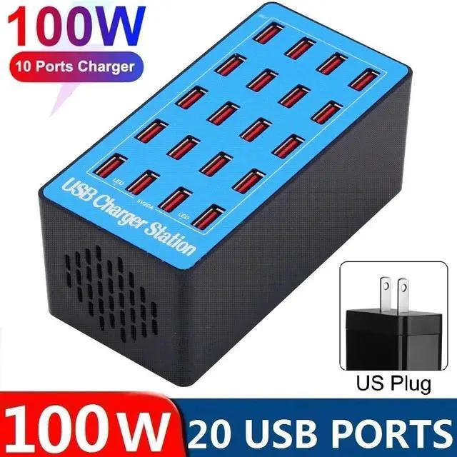 Main image of 20-Port 100W (20 A) USB Charging Station, Home-Sized Desktop USB Fast Charger, Multiple USB Desktop Chargers for Hotels, Schools, Shops, Shopping malls and Travel