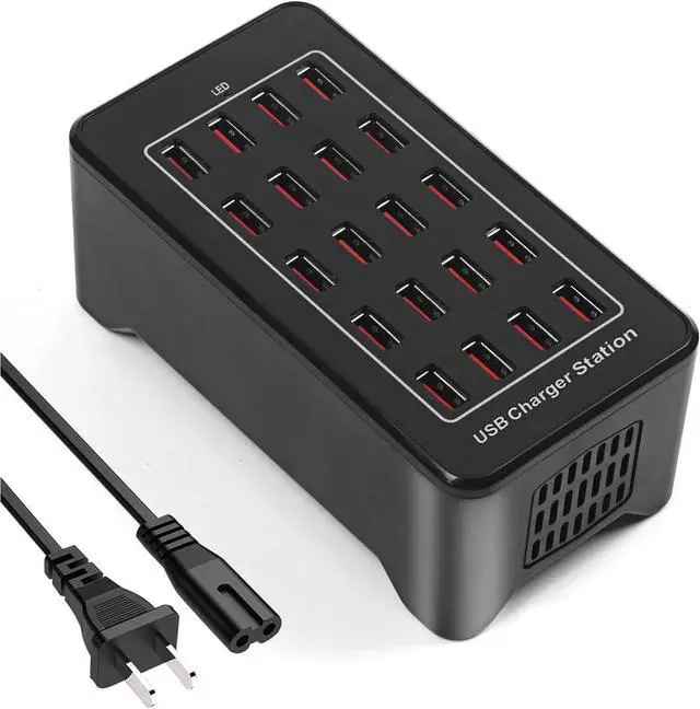 Main image of 20-Port 100W (20 A) USB Charging Station, Home-Sized Desktop USB Fast Charger, Multiple USB Desktop Chargers for Hotels, Schools, Shops, Shopping malls and Travel - Black