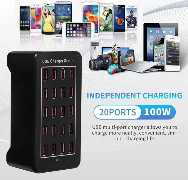 Alt view image 4 of 8 - 20-Port 100 watt (20 A) USB Charging Station, Home Desktop Fast Charger, Multiple Chargers, Suitable for Hotels, Shops, Schools, Shopping malls and Travel - Black