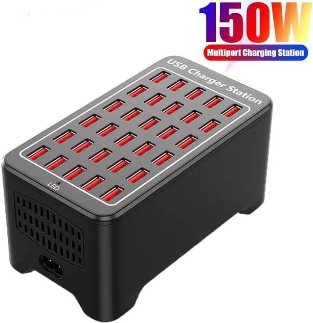 Main image of 30-Port 150W (30 A) USB Charging Station, Home-Sized Desktop USB Fast Charger, Multiple USB Desktop Chargers for Hotels, Schools, Shops, Shopping malls and Travel - Black