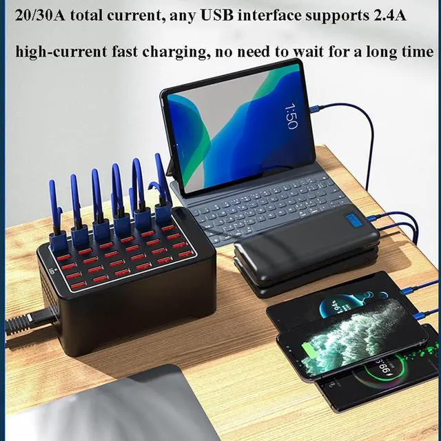Alt view image 2 of 7 - 30-Port 150W (30 A) USB Charging Station, Home-Sized Desktop USB Fast Charger, Multiple USB Desktop Chargers for Hotels, Schools, Shops, Shopping malls and Travel - Black