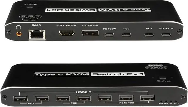 Main image of 2x1 USB-C KVM Switch 8K, USB C KVM Switch 100W PD for 2 Computers Sharing 7 Ports Mouse Keyboard Printer + 3.5mm Audio + Ethernet to One HD Monitor, For Computers, Laptops, Game Consoles.