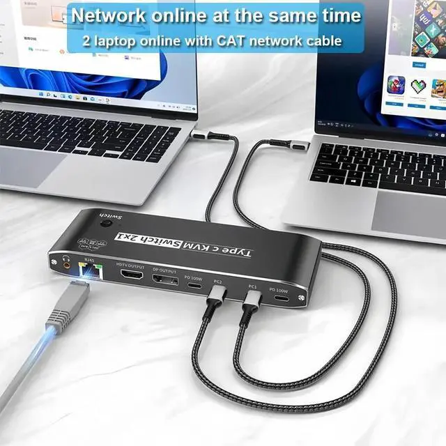 Alt view image 3 of 7 - 2x1 USB-C KVM Switch 8K, USB C KVM Switch 100W PD for 2 Computers Sharing 7 Ports Mouse Keyboard Printer + 3.5mm Audio + Ethernet to One HD Monitor, For Computers, Laptops, Game Consoles.