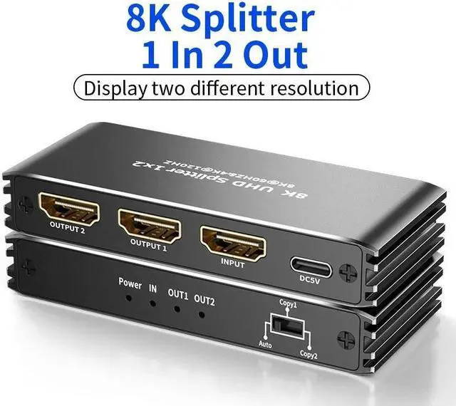Main image of 4K 120Hz Hdmi Splitter 1x2, HDMI Splitter 1 in 2 Out, HDMI Splitter Supports Full HD1080P 8K and 3D, HDCP 2.3 EDID Support 48Gbps, HDCP 2.3, RGB 4:4:4  Compatible with Xbox PS3/4 Blu-Ray Player HDTV