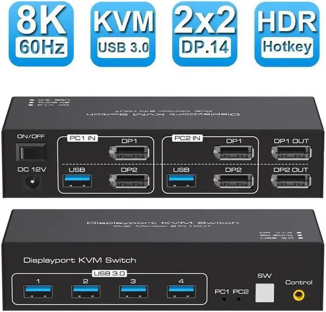 Main image of 2 Computers DisplayPort Monitors KVM Switch 8K@60Hz, EDID, Digital Display and Aluminum Shell, 4 X USB 3.0 Hub Support Extended & Duplicate Mode