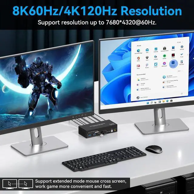 Alt view image 4 of 7 - 2 Computers DisplayPort Monitors KVM Switch 8K@60Hz, EDID, Digital Display and Aluminum Shell, 4 X USB 3.0 Hub Support Extended & Duplicate Mode