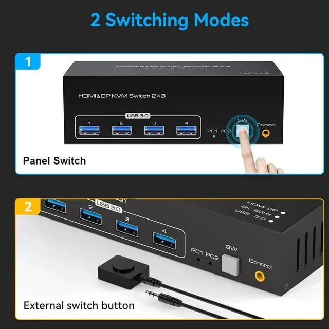 Alt view image 7 of 7 - 3 Monitors 2 Computers 3 HDMI Monitors KVM Switch 8K@60Hz, EDID, Digital Display and Aluminum Shell, 4 X USB 3.0 Hub Support Extended & Duplicate Mode