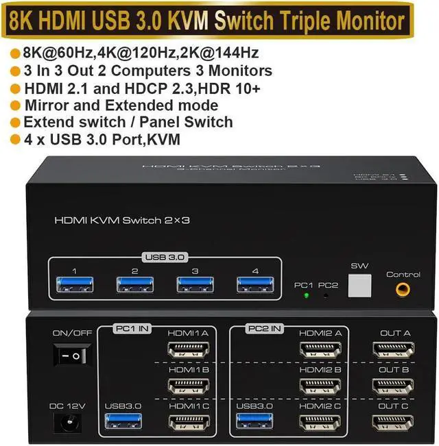 Main image of 3 Port HDMI Triple Monitor KVM Switch HDMI2.1 Support 8K@60Hz, USB 3.0 HDMI KVM Switch 3 Monitors 2 Computers with Cables, Digital Display, Wired Remote