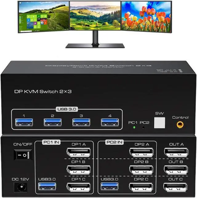 Main image of 3 Port Displayport Triple Monitor KVM Switch DP1.4 Support 8K@60Hz, USB 3.0 Displayport KVM Switch 3 Monitors 2 Computers with Cables, Digital Display, Wired Remote