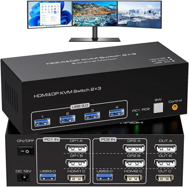 Main image of USB 3.0 HDMI+2 Displayport KVM Switch Triple Monitor, 8K@60Hz 2K@120Hz USB DP HDMI Extended Display Switcher for 2 Computers 3 Monitors and 4 USB 3.0 Ports Support Extended & Duplicate Mode