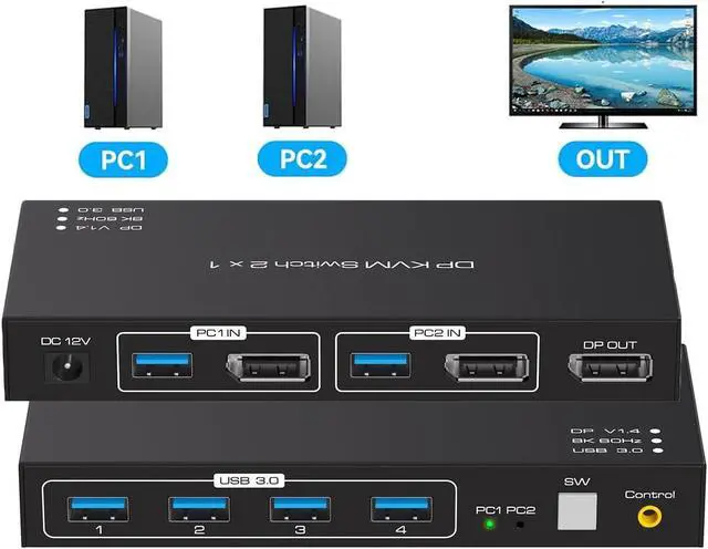 Main image of DP KVM Switch 1 Monitors 2 Computers Display Port DisplayPort 1.4 8K@60Hz 4K@120Hz Displayport kvm Switch 1 Monitor 2 Computer to Share 4 USB 3.0 Ports,Wired Controller and 2 Cables Included