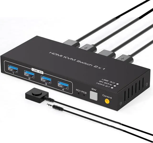 Main image of HDMI Monitor KVM Switch 2X1 HDMI 2.1 8K@60Hz 4K@120Hz, HDMI Extended Display KVM Switch for 2 Computers Share 1 Monitors and 4 USB 3.0 Ports,Wired Controller and 2 Cables Included
