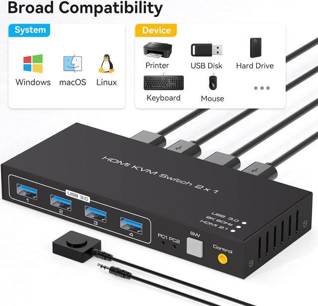 Alt view image 6 of 7 - HDMI KVM Switch 1 Monitor 2 Computers2 Port HDMI kvmusb3.0 2 Computers Sharing 1 Monitor HDMI 2.1 8K@60Hz 4K@60Hz 4K@144Hz 4K@175Hz with Wired Controller