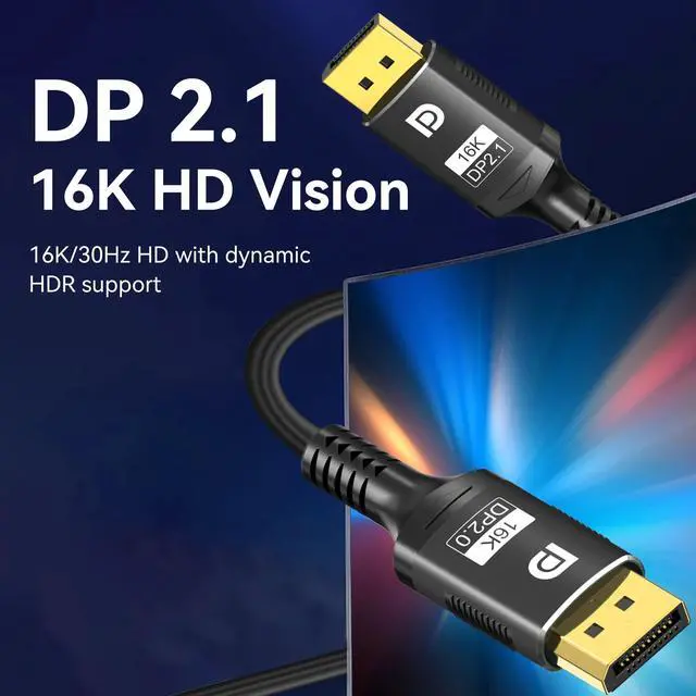 Alt view image 2 of 7 - 10FT DisplayPort 2.1 Ultra HD 16K 10K 8K DP1.4 DP1.2 HBR3 16K(15360x8640)@30Hz 10K/8K@60Hz/120Hz 4K@165Hz 144Hz High Speed 80Gbps HDCP 3D Slim and Flexible DP to DP Cable