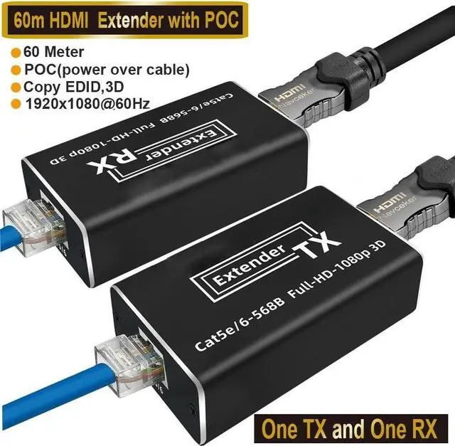 Main image of Jansicotek HDMI Extender 1080p@60Hz, 3D,POC, Over Single Cat5e/Cat6 Cable Full HD Uncompressed Transmit Up to 196 Ft(60m), (Transmitter and Receiver)