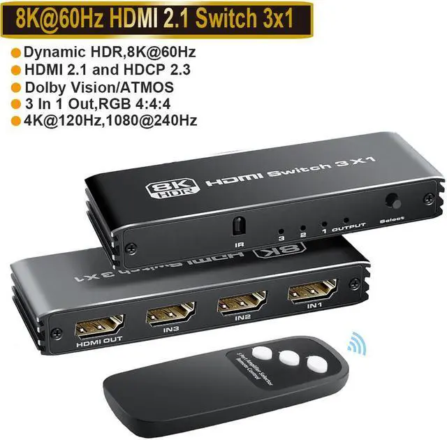 Main image of 3 in 1 Out HDMI 2.1 Switch, Ultra HD 8K HDMI Switch Box with Remote Supports 4K@120Hz, 8K@60Hz Auto CEC 3D HDCP2.3, 3 Port HDMI Switcher Compatible with PS5/4/3, Xbox, Fire Stick, TV,Projectors