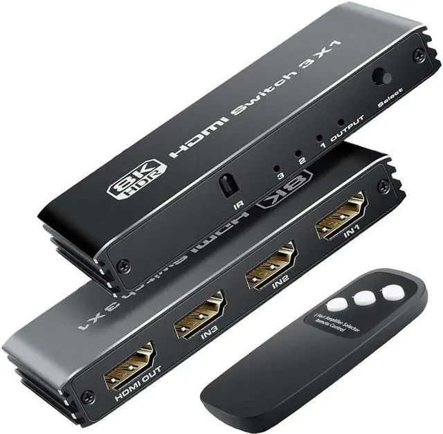 Main image of 3-Port HDMI 2.1 Switch, Ultra HD 8K HDMI Splitter Switcher with IR Remote Support 4K@120Hz, 8K@60Hz, Aluminum HDMI Selector for PS5/PS4, Xbox, Ro-ku, TV, Fire Stick