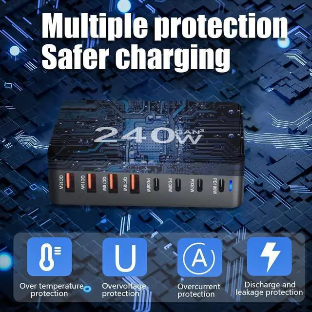 Alt view image 4 of 8 - Jansicotek 240W 8-Prots GaN USB C Charger Block QC3.0 Fast Charging GaN Charger Mobile Phone Quick Charging Type C Desk for IPhone Xiaomi Samsung - Black