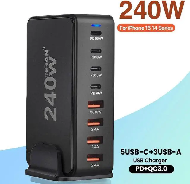 Main image of Jansicotek 240W USB Type C Charging Station Hub, 8 Port USB Desk Charger, 240 Watt GaN Fast Charger with Charger Power Strip Replaceable Plug Compatible for All Phones and Tablets
