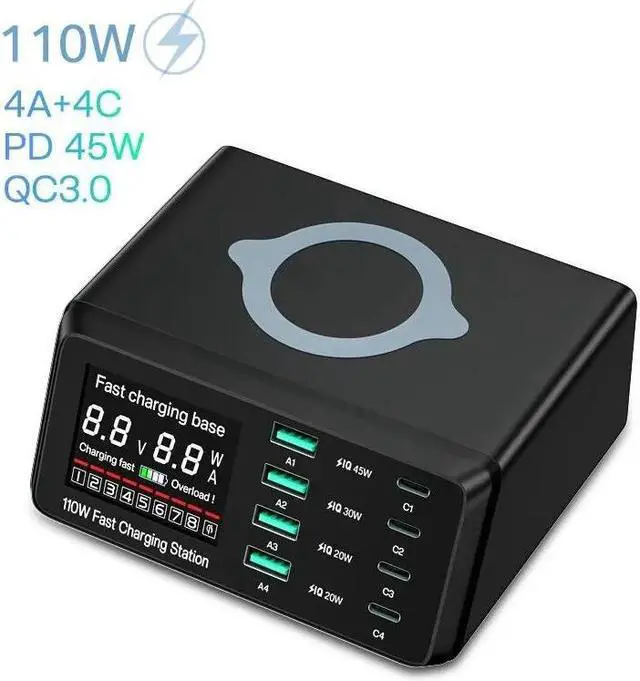 Main image of Jansicotek 110W USB C Charger 8 Ports Fast Charging Station with Wireless Charging Charger Desktop Adapter Support PD3.0 /PPS 45W /QC5 for MacBook,HP,Dell Laptops,Tablets,Phones etc