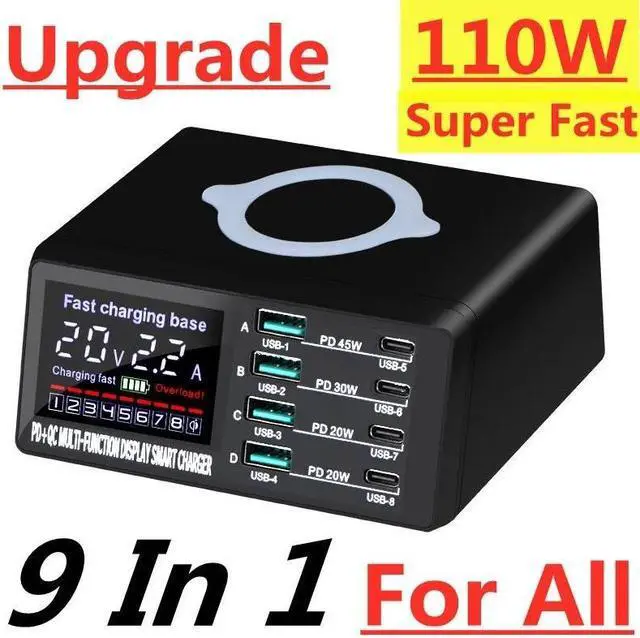 Main image of Jansicotek 110W 8-Port USB Charging Station for Multiple Devices, 4 USB C & QC 4 USB A and Wireless Charging, USB C Fast Charging Dock Compatible with MacBook Phones iPad Kindle Tablets