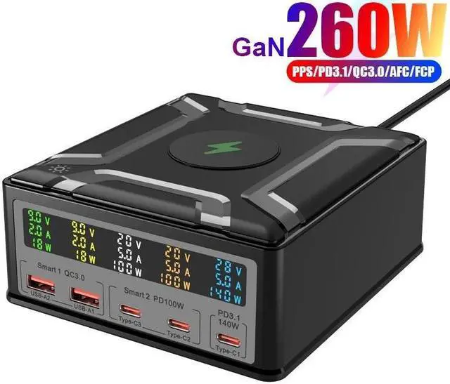 Main image of Jansicotek 260W 5-Port GaN Desktop Charging Station + Wireless Charging, Multiple USB, Multi Port Travel Fast Charger Hub with LCD Digital Diaplay for Smart Phones, Tablet and More