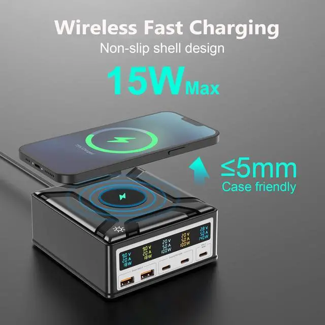 Alt view image 5 of 7 - Jansicotek 260W 5-Port GaN Desktop Charging Station + Wireless Charging, Multiple USB, Multi Port Travel Fast Charger Hub with LCD Digital Diaplay for Smart Phones, Tablet and More