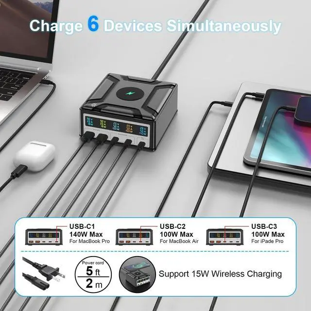 Alt view image 6 of 7 - Jansicotek 260W 5-Port GaN Desktop Charging Station + Wireless Charging, Multiple USB, Multi Port Travel Fast Charger Hub with LCD Digital Diaplay for Smart Phones, Tablet and More