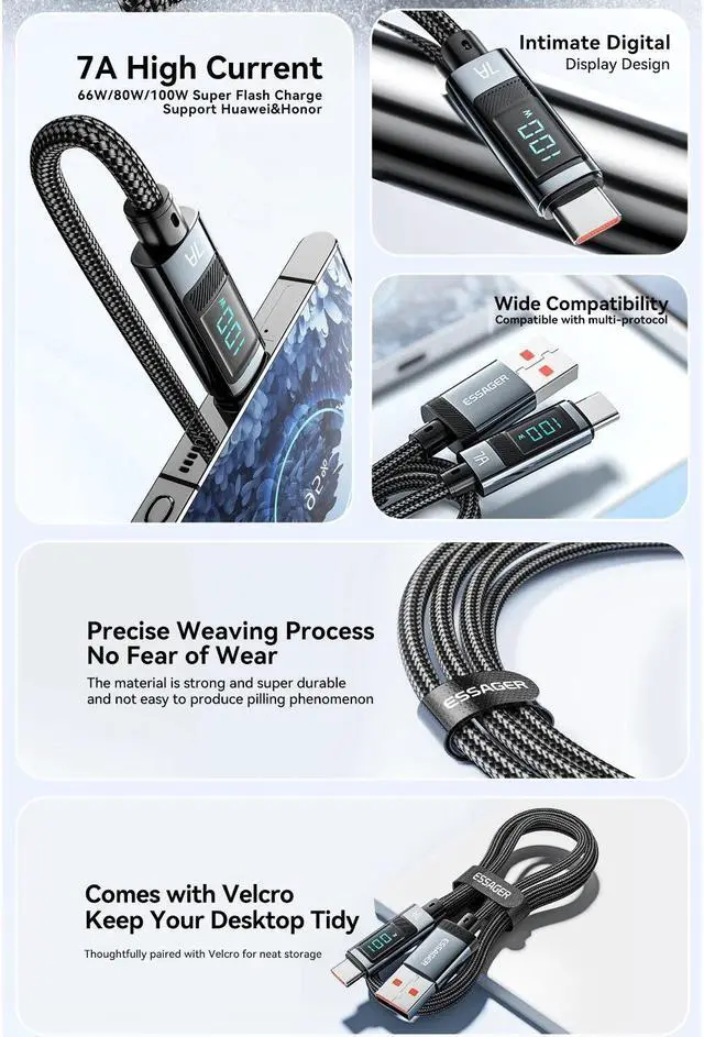 Alt view image 3 of 7 - Jansicotek (6.6FT, 1-PACK) USB C Cable, Nylon Braided USB A to USB C Cable, 7A 100W PD Fast Charging Type-C Cable for lPad Mini/Air/Pro, MacBook Pro, Samsung Galaxy S22/S10, Pixel, LG