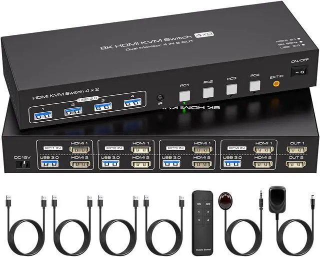 Main image of Jansicotek KVM Switch 2 Monitors 4 Computers [2HDMI +USB] , 8K@60Hz Dual Monitor HDMI KVM Switch for Extended & Duplicate Mode and USB3.0 Hub with Cable and Desktop Controller