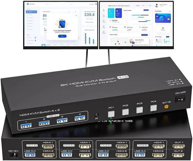 Main image of Jansicotek 4 Computers 2 Monitors HDMI KVM Switch 8K@60Hz, EDID, Digital Display and Aluminum Shell, 4 X USB 3.0 Hub Support Extended & Duplicate Mode