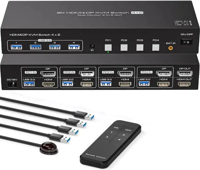Main image of Jansicotek KVM Switch 2 Monitors 4 Computers [HDMI+DisplayPort +USB] , 8K@60Hz Dual Monitor HDMI DP KVM Switch for Extended & Duplicate Mode and USB3.0 Hub