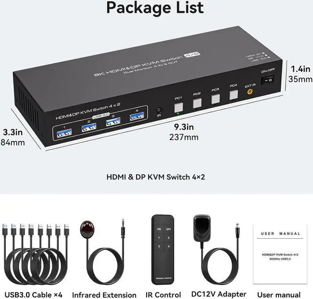 Alt view image 7 of 7 - Jansicotek [HDMI+DisplayPort +USB] Dual Monitor KVM Switch HDMI2.1 DP1.4 Support 8K@60Hz, USB 3.0 HDMI DP KVM Switch 2 Monitors 4 Computers with Cables, Digital Display, Wired Remote