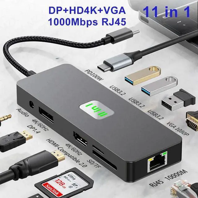 Main image of Jansicotek 11 in 1 USB C Docking Station, 4K60 HDMI + 4K60 DP & 1080P VGA Triple Monitor Hub with 100W Power Delivery, 1000M Ethernet, Audio and 3*10Gbps USB 3.2, SD TF Card Reader for Laptop PC