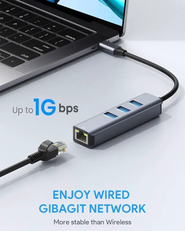 Alt view image 3 of 8 - Jansicotek USB to Ethernet Adapter, 4 in 1 USB Hub with Ethernet, Plug and Play, Multiport Network Adapter with 3 USB 3.0 Port, Gigabit RJ45, USB-C Power Port Compatible for Laptop MacBook XPS
