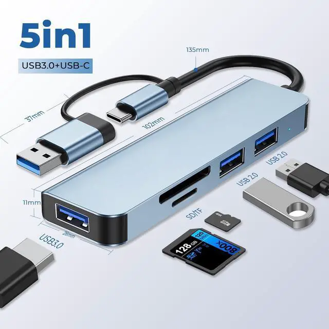 Alt view image 2 of 7 - Jansicotek USB Hub 5 Ports, Multiple USB 3.0 Hub, USB A&USB-C Splitter for Laptop with TF/SD Card Reader, USB Extender for Laptop, Windows, Linux, Acer PC and More