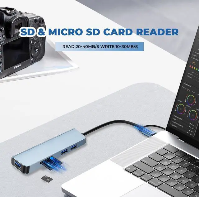 Alt view image 3 of 7 - Jansicotek USB Hub 5 Ports, Multiple USB 3.0 Hub, USB A&USB-C Splitter for Laptop with TF/SD Card Reader, USB Extender for Laptop, Windows, Linux, Acer PC and More
