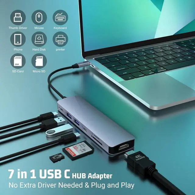 Alt view image 2 of 7 - Jansicotek USB C Hub 7 in 1 Multiport Adapter with 4K HDMI Dongle, USB-C Port, 100W PD, SD/TF Card Reader, 2*USB3.0, USB C Docking Station for MacBook Mac Pro/Air and Other Type C Laptops