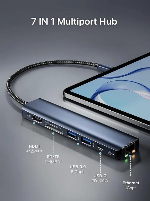 Alt view image 2 of 7 - Jansicotek 7-in-1 USB-C USB C to Ethernet Adapter, USB Hub with 2xUSB3.0, 1x100W PD & 1Gbps Rj45 Network, SD/TF, 4K HDMI Adapter for Surface, Chromebook, Laptop, and More