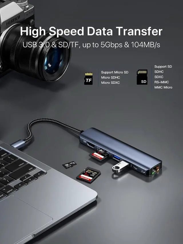 Alt view image 6 of 7 - Jansicotek USB-C to Ethernet Adapter, 7-in-1 Portable Data Hub USB Splitter USB 3.0 Expander with 4K HDMI, 2*USB3.0, 1Gbps LAN, SD/TF Card Readers, 100W PD Support Windows, Mac OS, Surface Pro