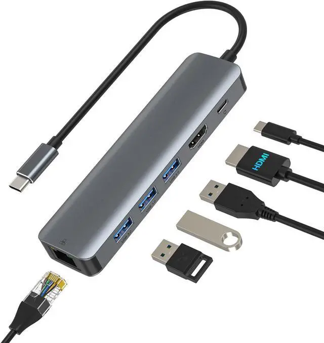 Main image of Jansicotek 6-in-1 USB-C USB C to Ethernet Adapter, 6-Port USB Hub with 3xUSB3.0, 1x100W PD & 1Gbps Rj45 Network, 4K HDMI Adapter for Laptop, Support Windows, Mac OS, Surface Pro, Linux, XPS