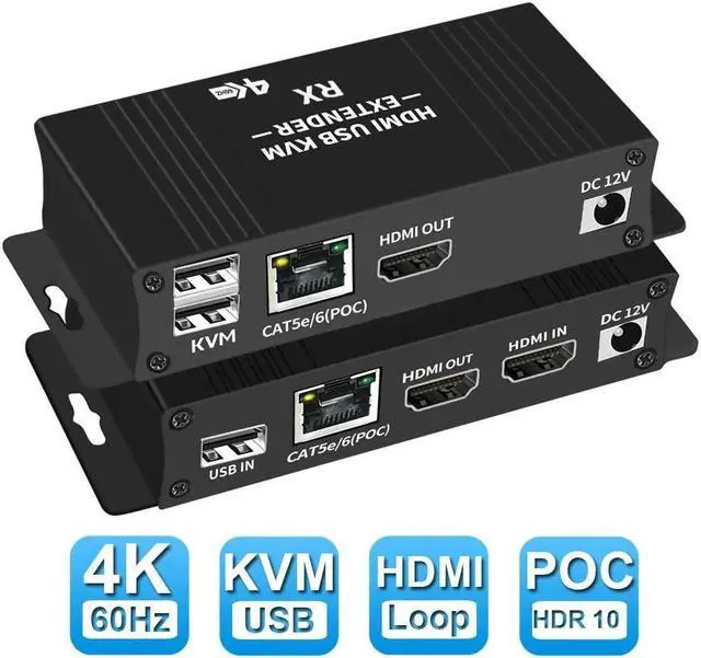 Main image of USB KVM and HDMI Over Cat5/Cat5e/Cat6 Extender  196ft Extension, 1080p HDMI Video, 2X USB Keyboard/Mouse, Near Zero Latency, HDMI Loopout, ESD Protection, Transmitter and Receiver